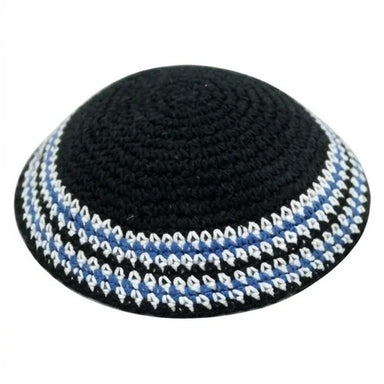 Knitted Kippah 16 cm- Black with Black & Green Stripes