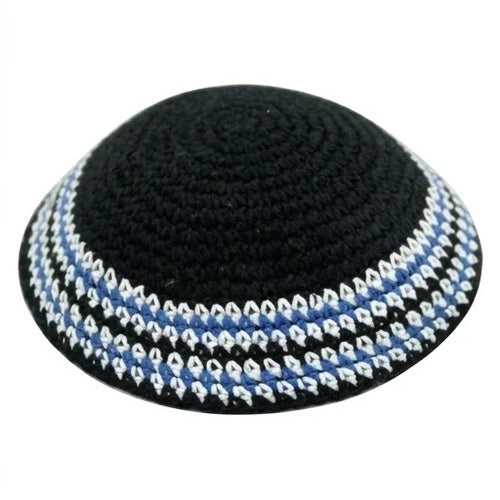 Knitted Kippah 16 cm- Black with Black & Green Stripes