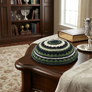 Knitted Kippah 18 cm- Black-green-beige
