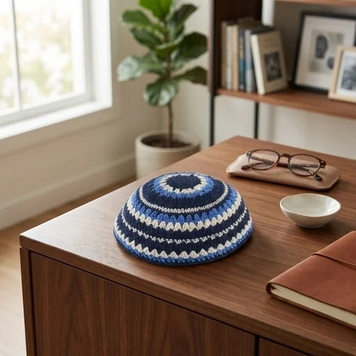 Knitted Kippah 20 cm- Blue-l. Blue-beige - Dark Blue, Light Blue