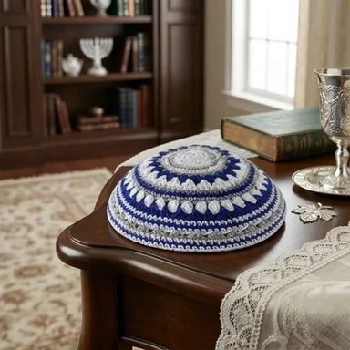 Knitted Kippah 18 cm- Blue-gray-white