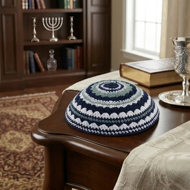 Knitted Kippah 20 cm- Blue-l. Green-white