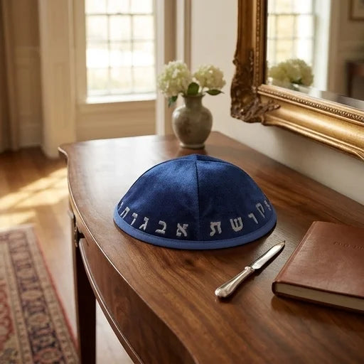 Velvet Kippah with Embroidery Size 3- Dark Blue