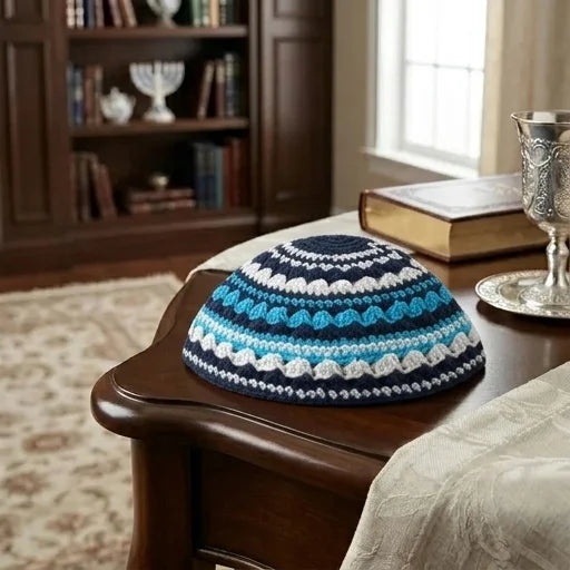 Frik Kippah 21 Cm-light Blue, Dark Blue and White Stripes