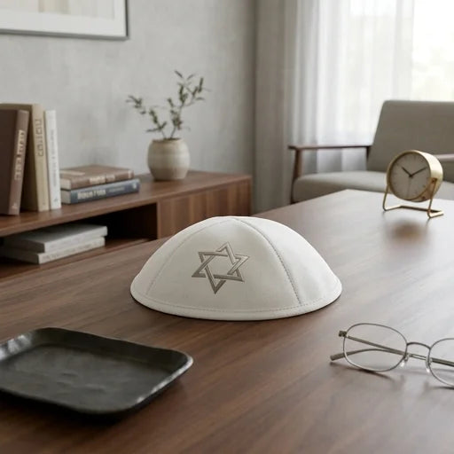 White Ultra Suede Kippah 19 cm with Golden Embroidered Magen David and Pin Spot - Silver