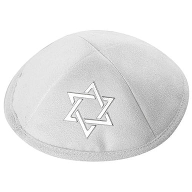 White Ultra Suede Kippah 19 cm with Golden Embroidered Magen David and Pin Spot - Silver