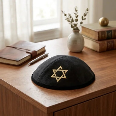 Black Ultra Suede Kippah 19 cm with Golden Embroidered Magen David and Pin Spot