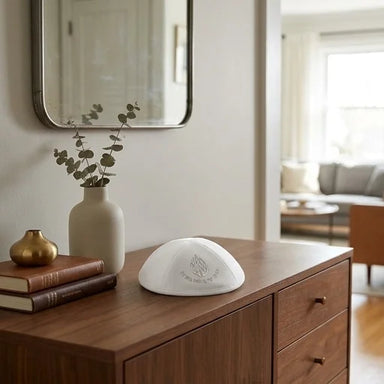 White Ultra Suede Kippah 19 cm with Silver Embroidered "Hae'sh Sheli" and Pin Spot