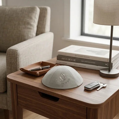 Gray Ultra Suede Kippah 19 cm with Silver Embroidered "Ha'aish Sheli" and Pin Spot