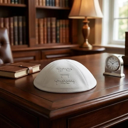 Ultra Suede Kippah 19 cm, with Pin Spot - White