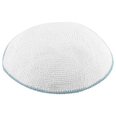 Knitted D.m.c Kippah 16 cm - White with Light Blue Rim