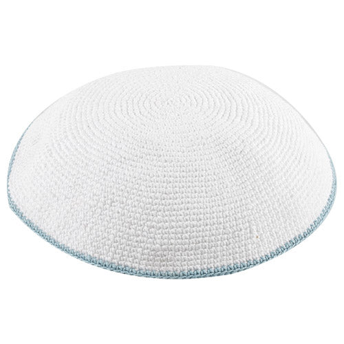 Knitted D.m.c Kippah 16 cm - White with Light Blue Rim