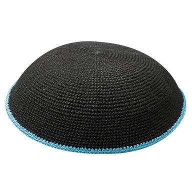 Knitted D.m.c Kippah 20 cm - Black with Blue Rim