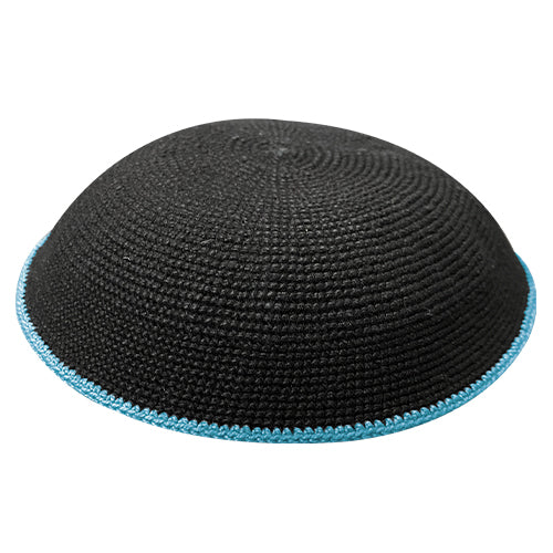 Knitted D.m.c Kippah 20 cm - Black with Blue Rim