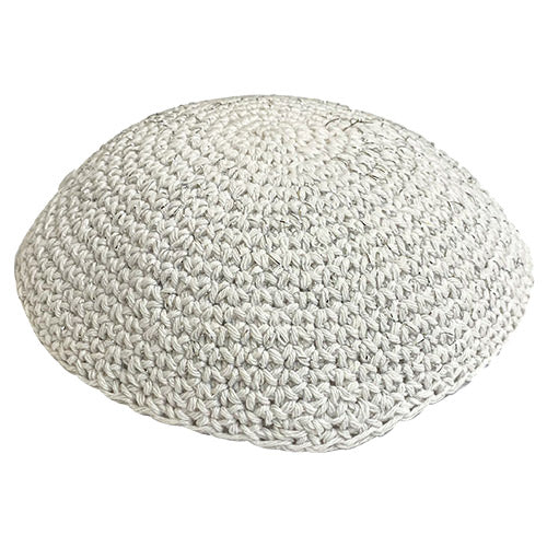 Thick White Knitted Kippah 17 cm- Stripe - Silver