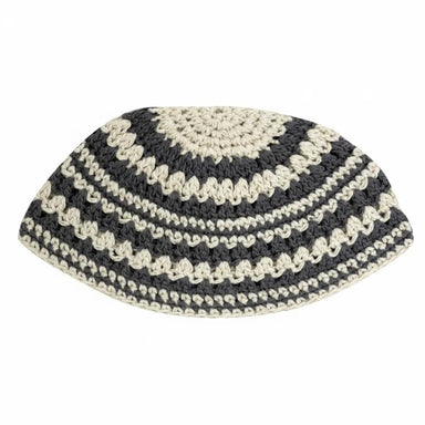 Frik Kippah 21 cm- Thick Knitted- Gray and Beige Striped Design