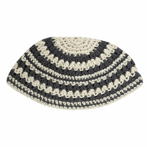 Frik Kippah 21 cm- Thick Knitted- Gray and Beige Striped Design