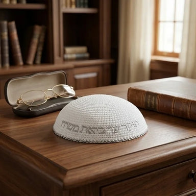 Knitted Kippah 16 cm- White with Silver "Aish Sheli" Embroidery