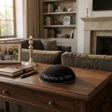 Knitted Kippah 16 cm- Black with Silver "Ash Sheli" Embroidery