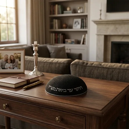 Knitted Kippah 16 cm- Black with Silver "Ash Sheli" Embroidery