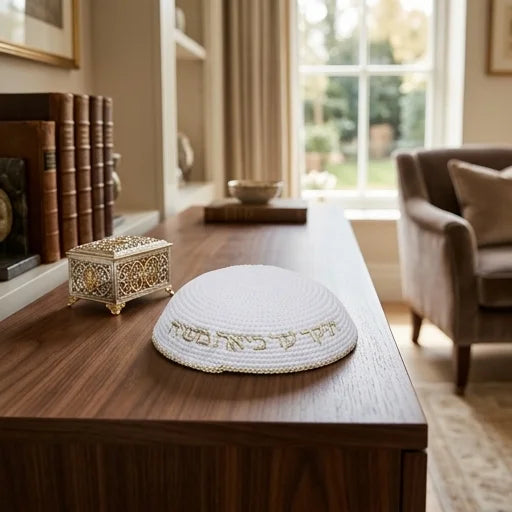 Knitted Kippah 16 cm- White with Gold "Aish Sheli" Embroidery