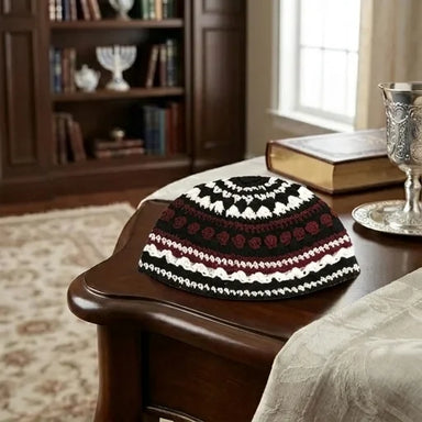 Frik Kippah 21 cm- Bordeaux-black-white Striped Design - Maroon