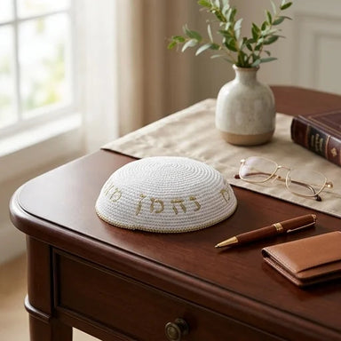 Knitted Kippah 16 cm- White with Gold "Nachman" Embroidery
