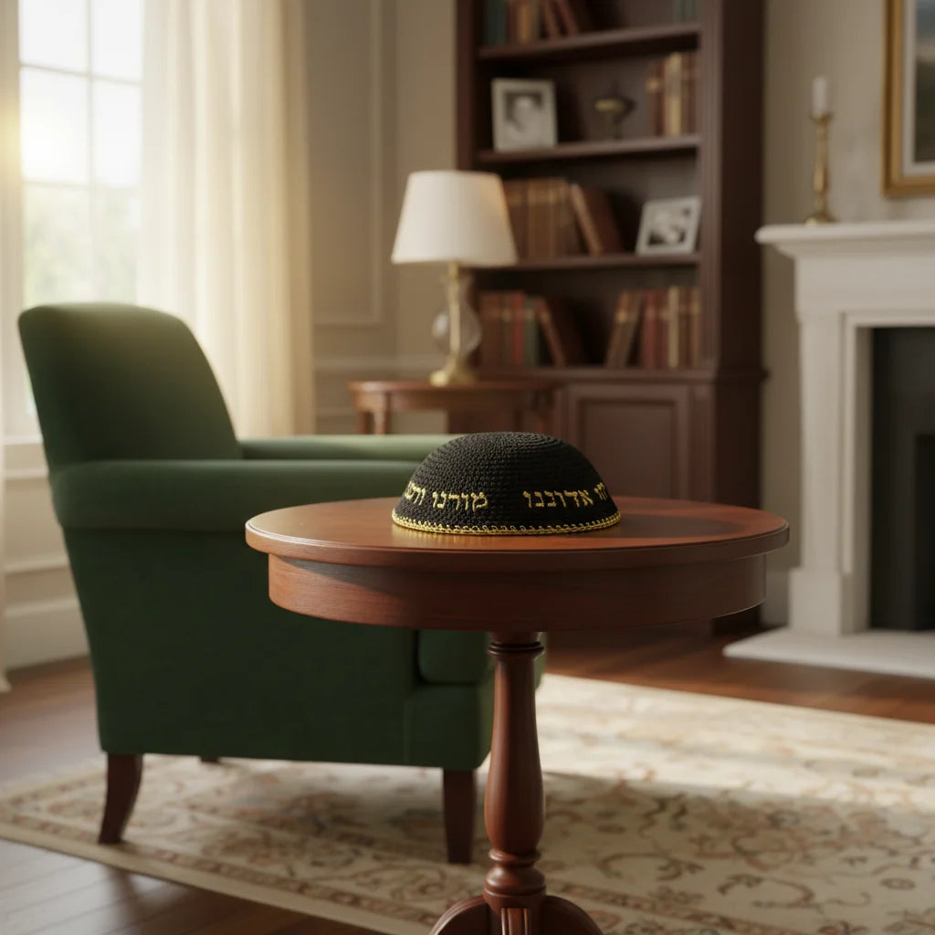 Knitted Kippah 16 cm- Black with Gold "Chabad" Embroidery