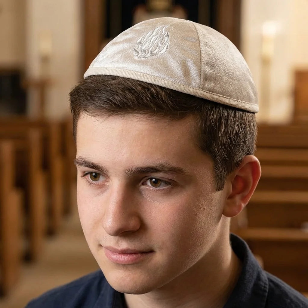 Velvet Kippah with Embroidery Size 4- Pearl