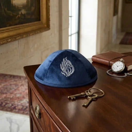 Velvet Kippah with Embroidery Size 4- Dark Blue