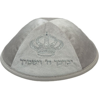 Velvet Kippah with Embroidery Size 4- Light Gray