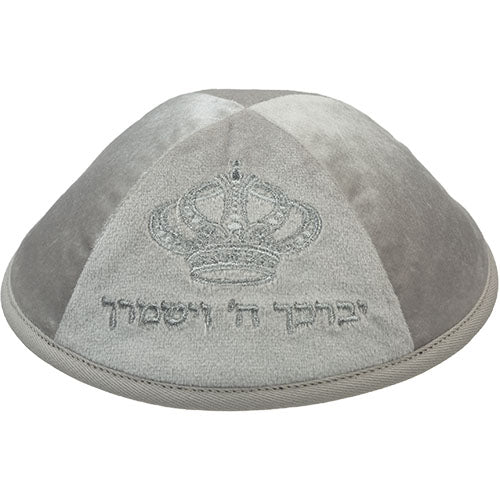 Velvet Kippah with Embroidery Size 4- Light Gray