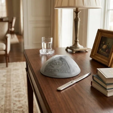 Velvet Kippah with Embroidery Size 4- Gray