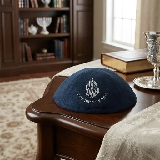 Dark Blue Ultra Suede Kippah 19 cm with Silver Embroidered "Ha'aish Sheli" and Pin Spot