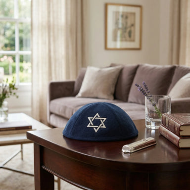 Dark Blue Ultra Suede Kippah 19 cm with Silver Embroidered Magen David and Pin Spot