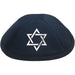 Dark Blue Ultra Suede Kippah 19 cm with Silver Embroidered Magen David and Pin Spot