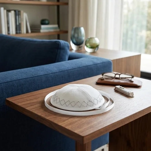 White Satin Baby Kippah 9 cm ++ Strings - Silver