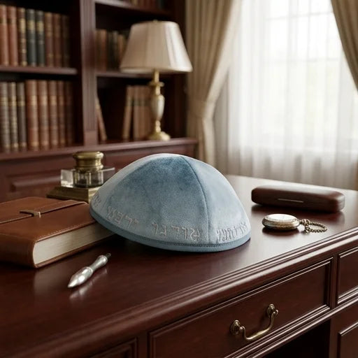 Velvet Kippah with Embroidery Size 4- Blue