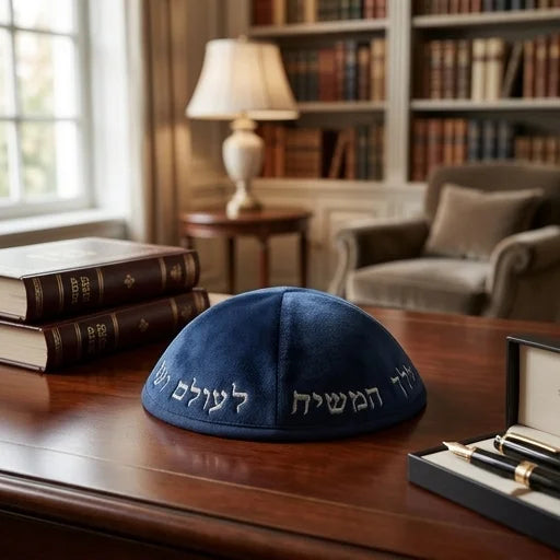 Velvet Kippah with Embroidery Size 4- Dark Blue