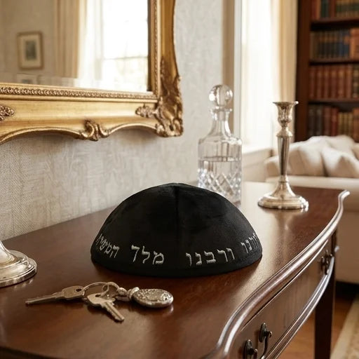Velvet Kippah with Embroidery Size 4- Black