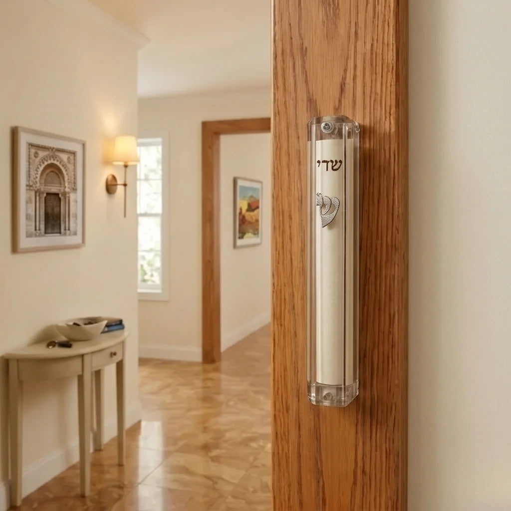 Plastic Clear Mezuzah with Rubber Cork 20 cm - with Silver Shin