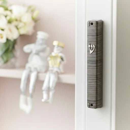 Plastic Mezuzah 12 Cm-3d Metallic Gray Striped Design - Matte