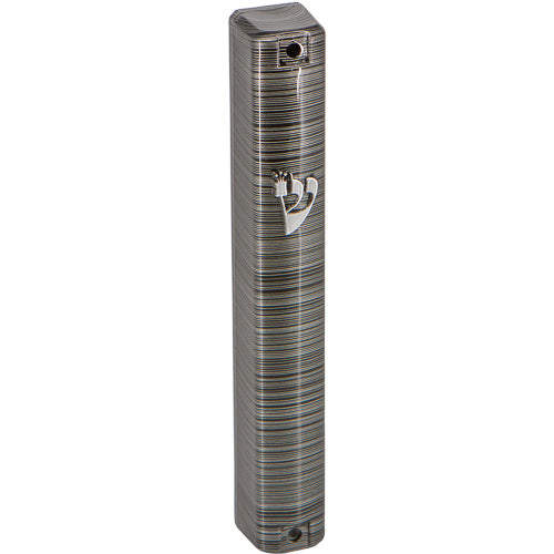 Plastic Mezuzah with Rubber Cork 15 cm - 3d Metallic Gray Striped Design - Matte