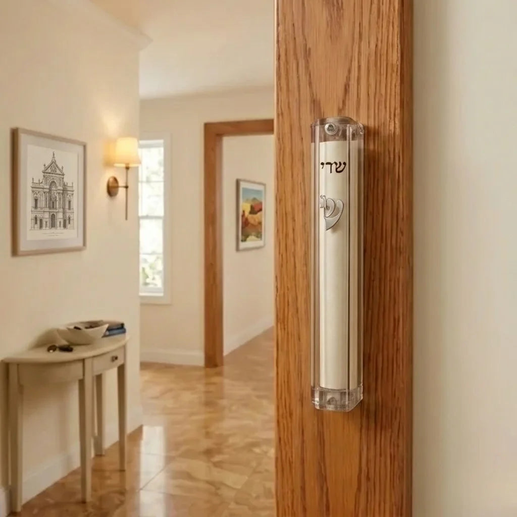 Clear Plastic Mezuzah with Rubber Cork 12 cm- with Silver Shin