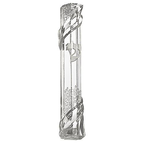 Plastic Clear Mezuzah with Rubber Cork 12 cm - "Jerusalem" with Silver Shin