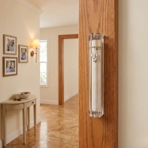 Clear Plastic Mezuzah with Rubber Cork 15 cm - with Silver Shin