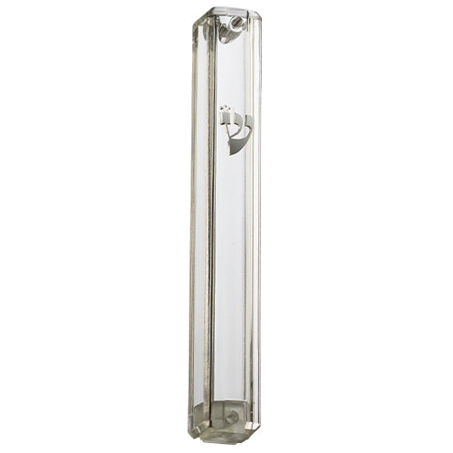 Clear Plastic Mezuzah with Rubber Cork 15 cm- with Silver Shin