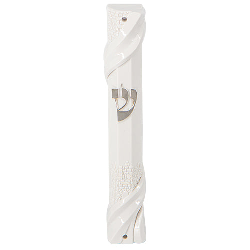 Plastic White Mezuzah 12cm with Rubber Cork - Silver