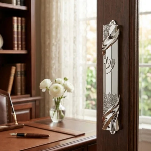 Plastic Mezuzah with Rubber Cork 12 cm- Jerusalem Theme in Silver
