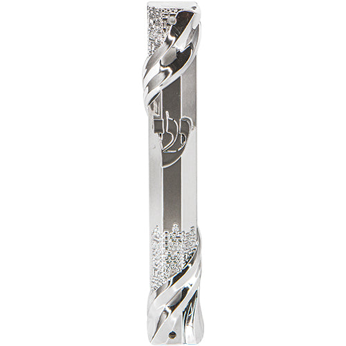 Plastic Mezuzah with Rubber Cork 12 cm- Jerusalem Theme in Silver